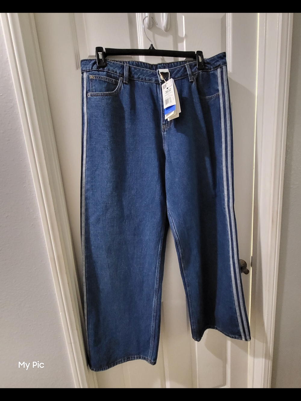 Adidas Women Dark Blue Relaxed Jeans with White Side Stripes